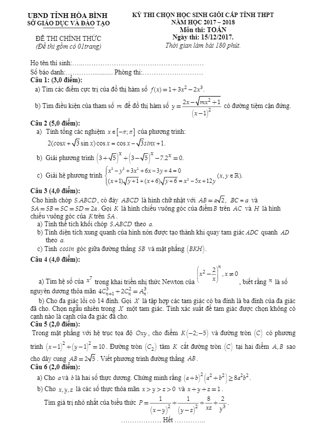 đề thi chọn học sinh giỏi toán 12 cấp tỉnh thpt năm học 2017 – 2018 sở gd và đt hòa bình