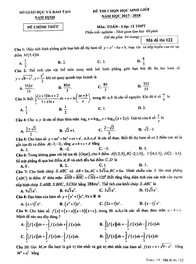 đề thi chọn học sinh giỏi toán 12 năm học 2017 – 2018 sở gd và đt nam định