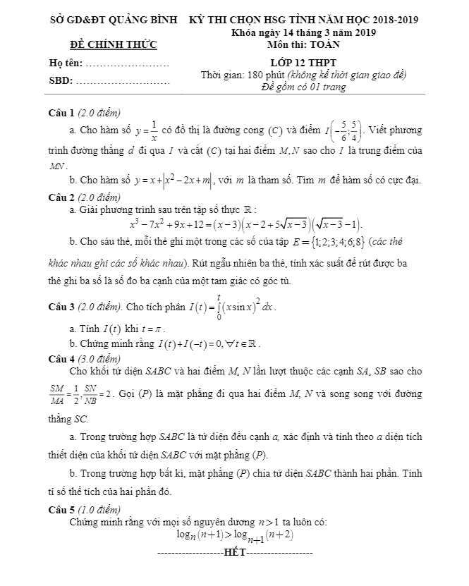 đề thi chọn hsg tỉnh toán 12 năm 2018 – 2019 sở gd&đt quảng bình
