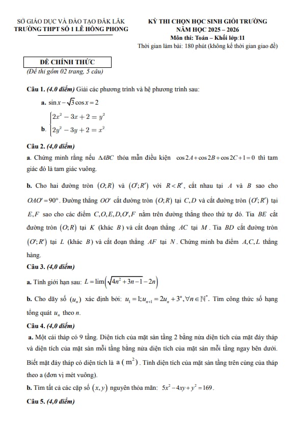 đề thi chọn hsg toán 11 năm 2025 – 2026 trường thpt lê hồng phong 1 – đắk lắk