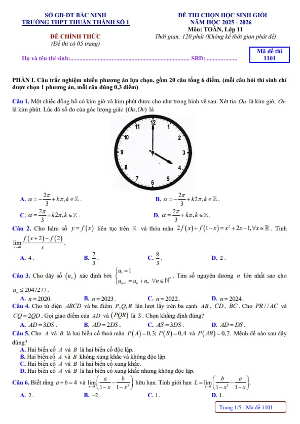 đề thi chọn hsg toán 11 năm 2025 – 2026 trường thpt thuận thành 1 – bắc ninh