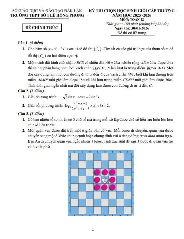 đề thi chọn hsg toán 12 năm 2025 – 2026 trường thpt lê hồng phong 1 – đắk lắk