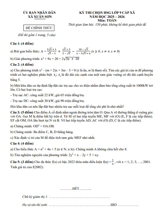 đề thi chọn hsg toán 9 cấp xã năm 2025 – 2026 xã xuân sơn – tp hcm