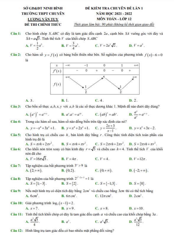 đề thi chuyên đề toán 12 lần 1 năm 2021 – 2022 trường chuyên lương văn tụy – ninh bình