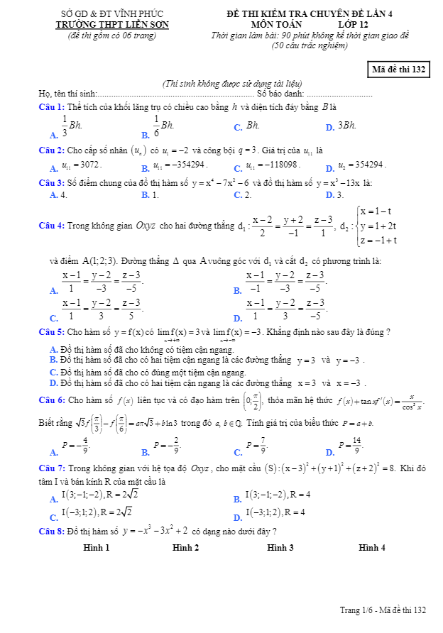 đề thi chuyên đề toán 12 lần 4 năm 2019 – 2020 trường thpt liễn sơn – vĩnh phúc