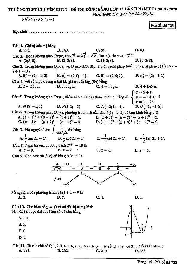 đề thi công bằng toán 12 lần 2 năm 2019 – 2020 trường chuyên khtn – hà nội