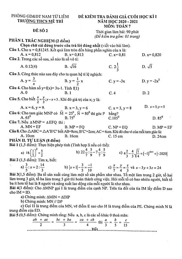 đề thi cuối học kì 1 toán 7 năm 2020 – 2021 trường thcs mễ trì – hà nội