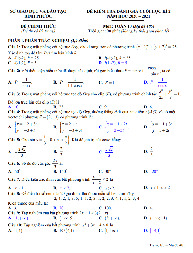 đề thi cuối học kì 2 toán 10 năm 2020 – 2021 sở gd&đt bình phước