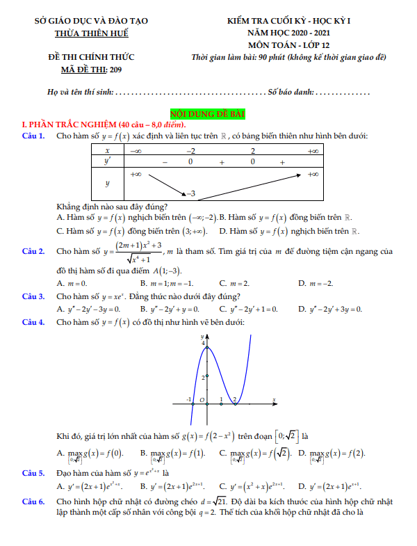 đề thi cuối học kỳ 1 toán 12 năm 2020 – 2021 sở gd&đt thừa thiên huế