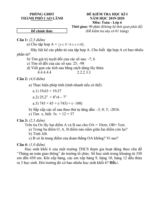 đề thi cuối kì 1 toán 6 năm 2019 – 2020 phòng gd&đt tp cao lãnh – đồng tháp