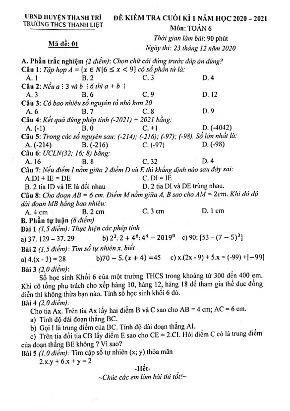 đề thi cuối kì 1 toán 6 năm 2020 – 2021 trường thcs thanh liệt – hà nội