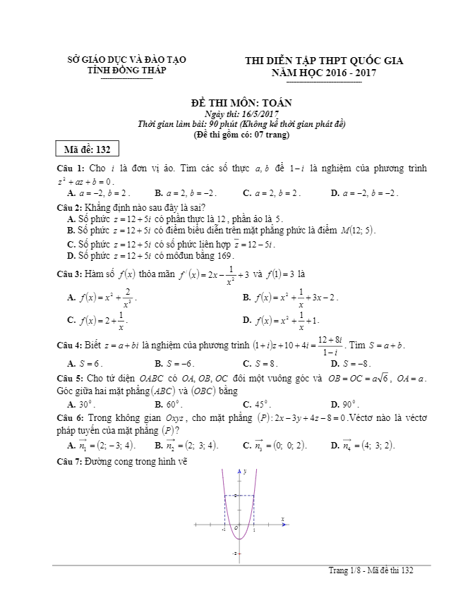 đề thi diễn tập thpt quốc gia 2017 môn toán sở gd và đt đồng tháp