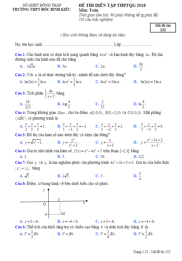 đề thi diễn tập thptqg 2018 môn toán trường đốc binh kiều – đồng tháp