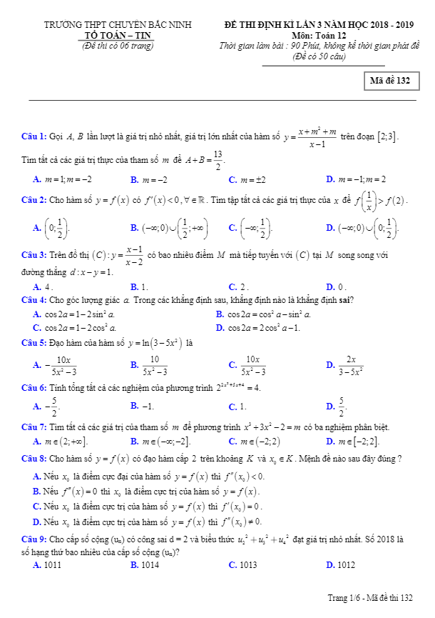 đề thi định kỳ lần 3 toán 12 năm học 2018 – 2019 trường thpt chuyên bắc ninh