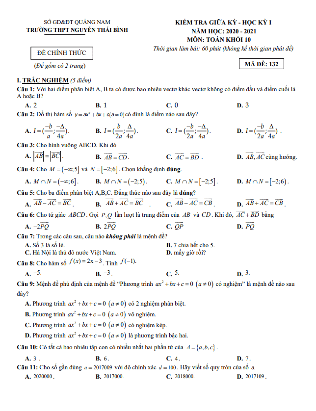 đề thi giữa hk1 toán 10 năm 2020 – 2021 trường thpt nguyễn thái bình – quảng nam