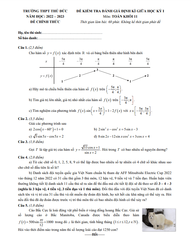đề thi giữa hk1 toán 11 năm 2022 – 2023 trường thpt thủ đức – tp hcm