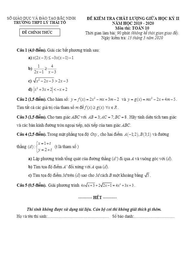 đề thi giữa hk2 toán 10 năm 2019 – 2020 trường thpt lý thái tổ – bắc ninh