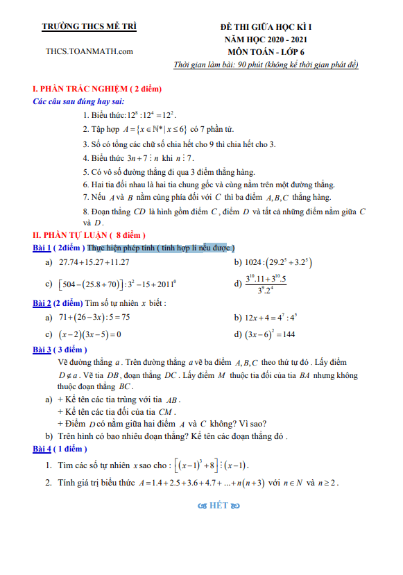 đề thi giữa học kì 1 toán 6 năm 2020 – 2021 trường thcs mễ trì – hà nội