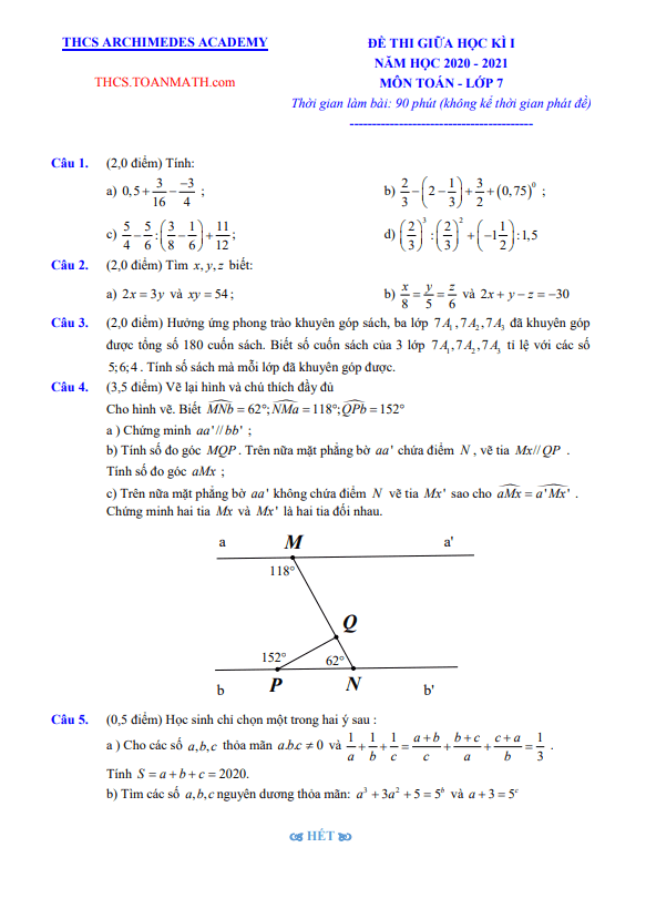 đề thi giữa học kì 1 toán 7 năm 2020 – 2021 trường thcs archimedes academy – hà nội