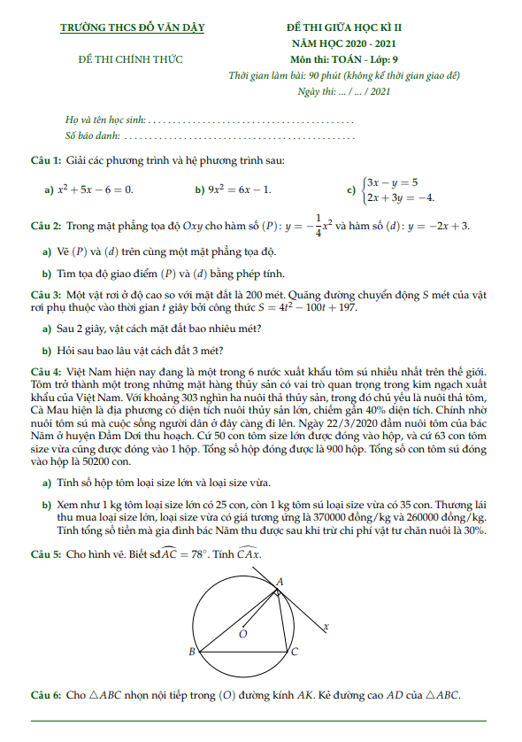 đề thi giữa học kì 2 toán 9 năm 2020 – 2021 trường thcs đỗ văn dậy – tp hcm
