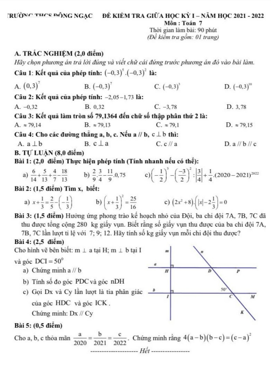 đề thi giữa học kỳ 1 toán 7 năm 2021 – 2022 trường thcs đông ngạc – hà nội