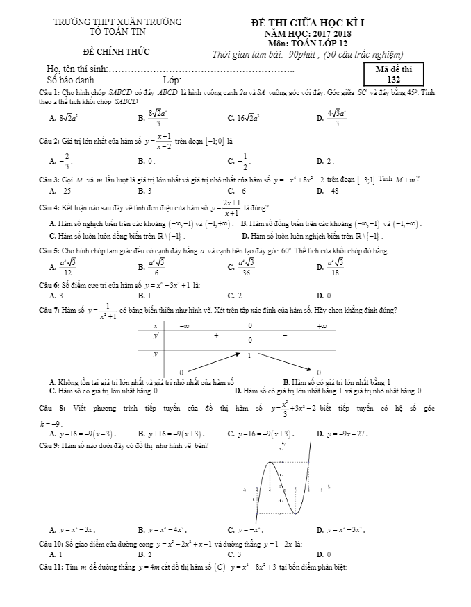 đề thi giữa học kỳ i năm học 2017 – 2018 môn toán 12 trường thpt xuân trường – nam định
