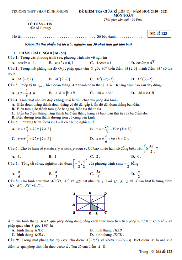 đề thi giữa kì 1 toán 11 năm 2020 – 2021 trường thpt phan đình phùng – hà nội