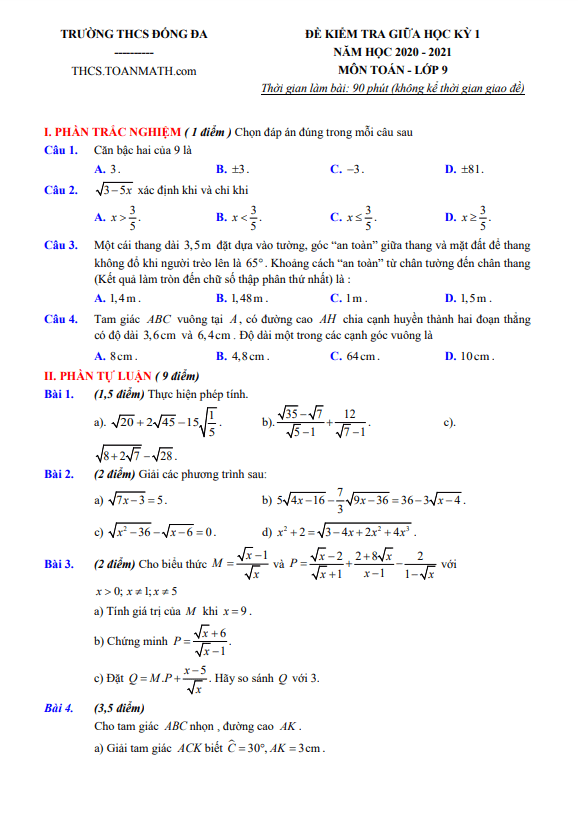 đề thi giữa kì 1 toán 9 năm 2020 – 2021 trường thcs đống đa – hà nội