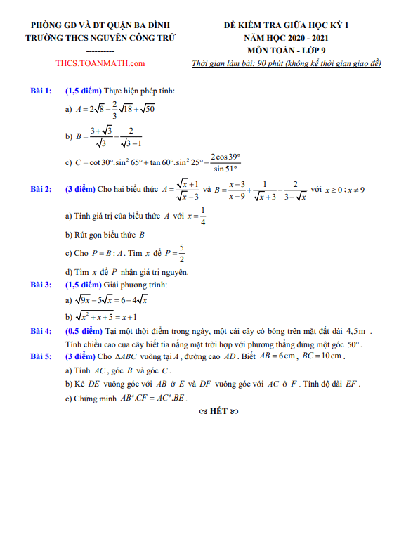 đề thi giữa kì 1 toán 9 năm 2020 – 2021 trường thcs nguyễn công trứ – hà nội