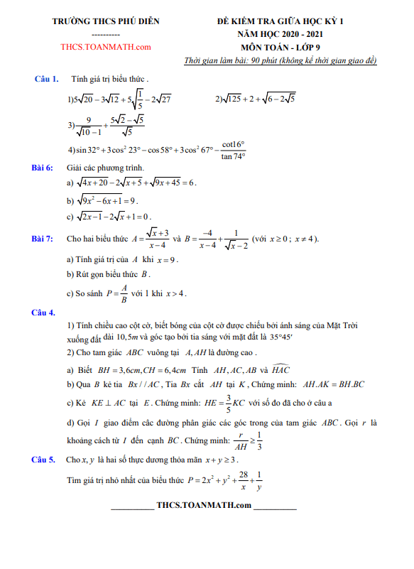 đề thi giữa kì 1 toán 9 năm 2020 – 2021 trường thcs phú diễn – hà nội
