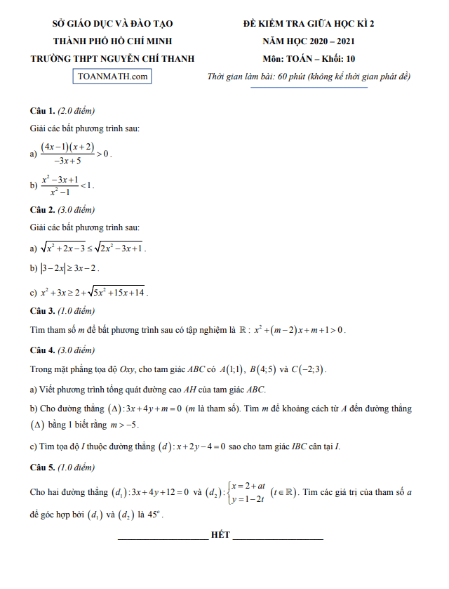 đề thi giữa kì 2 toán 10 năm 2020 – 2021 trường thpt nguyễn chí thanh – tp hcm