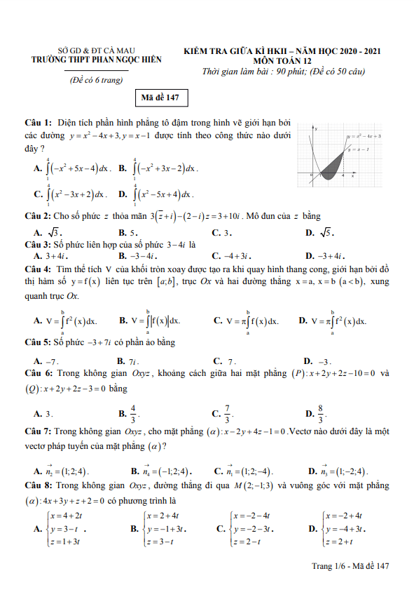 đề thi giữa kì 2 toán 12 năm 2020 – 2021 trường phan ngọc hiển – cà mau