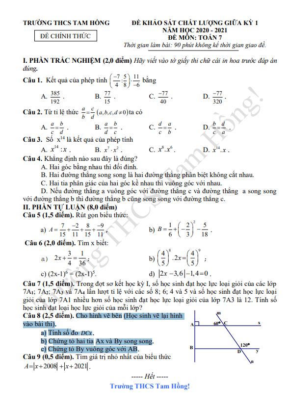 đề thi giữa kỳ 1 toán 7 năm 2020 – 2021 trường thcs tam hồng – vĩnh phúc