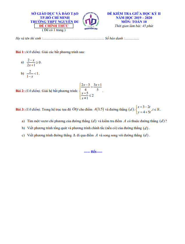 đề thi giữa kỳ 2 toán 10 năm 2019 – 2020 trường thpt nguyễn du – tp hcm