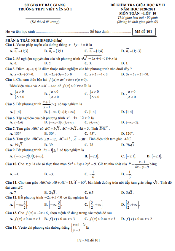 đề thi giữa kỳ 2 toán 10 năm 2020 – 2021 trường thpt việt yên 1 – bắc giang