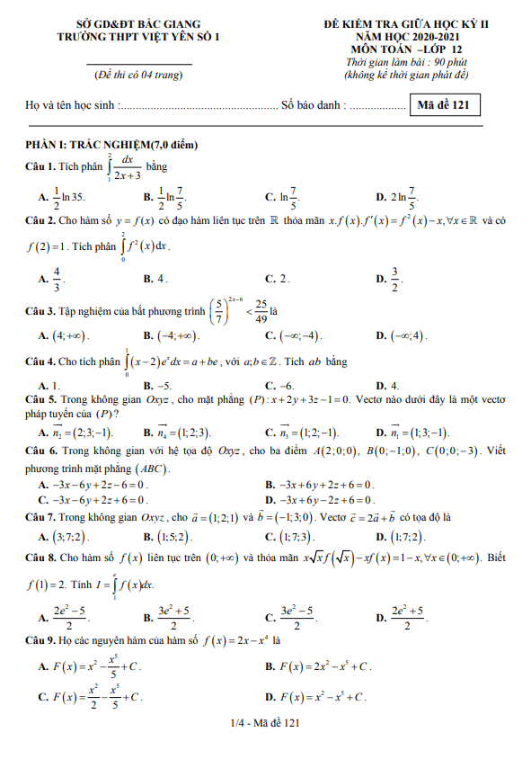 đề thi giữa kỳ 2 toán 12 năm 2020 – 2021 trường thpt việt yên 1 – bắc giang