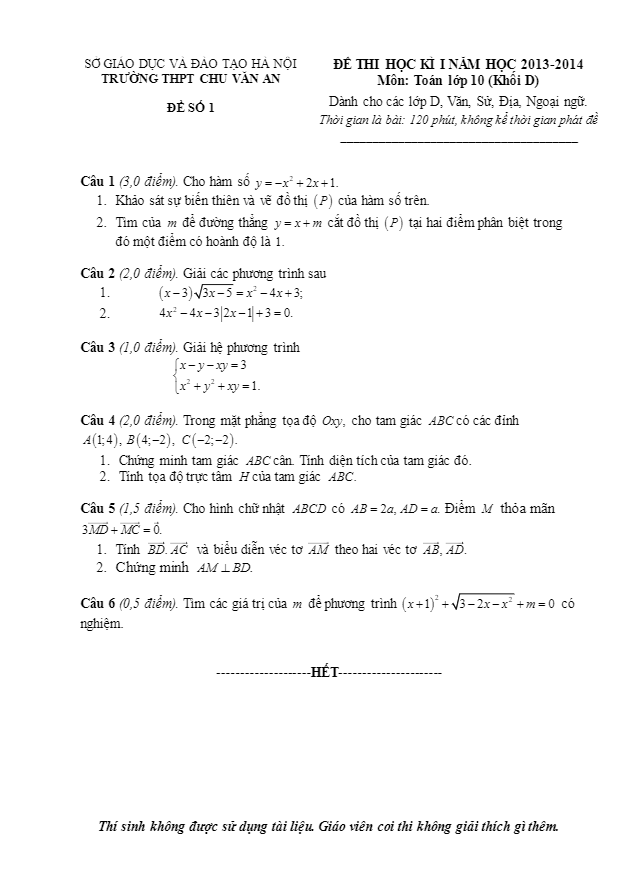 đề thi hk1 lớp 10 ban cơ bản trường chu văn an – hà nội 2013 – 2014
