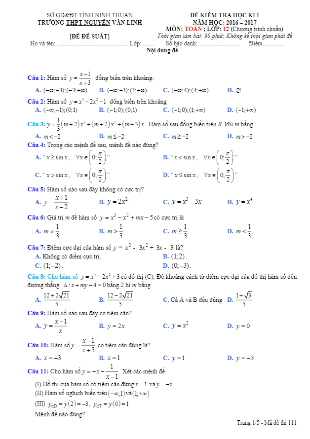 đề thi hk1 lớp 12 trường thpt nguyễn văn linh – ninh thuận