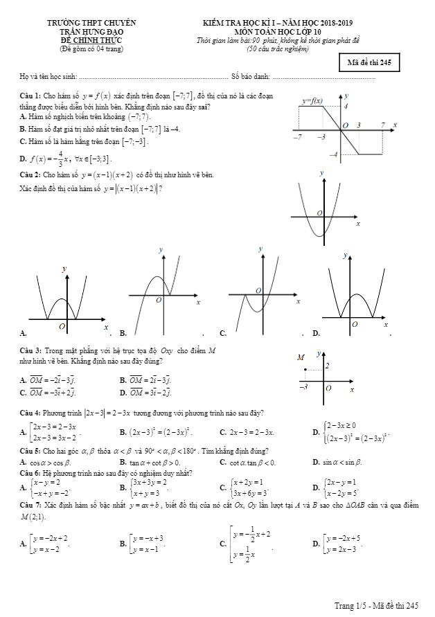 đề thi hk1 toán 10 năm 2018 – 2019 trường chuyên trần hưng đạo – bình thuận