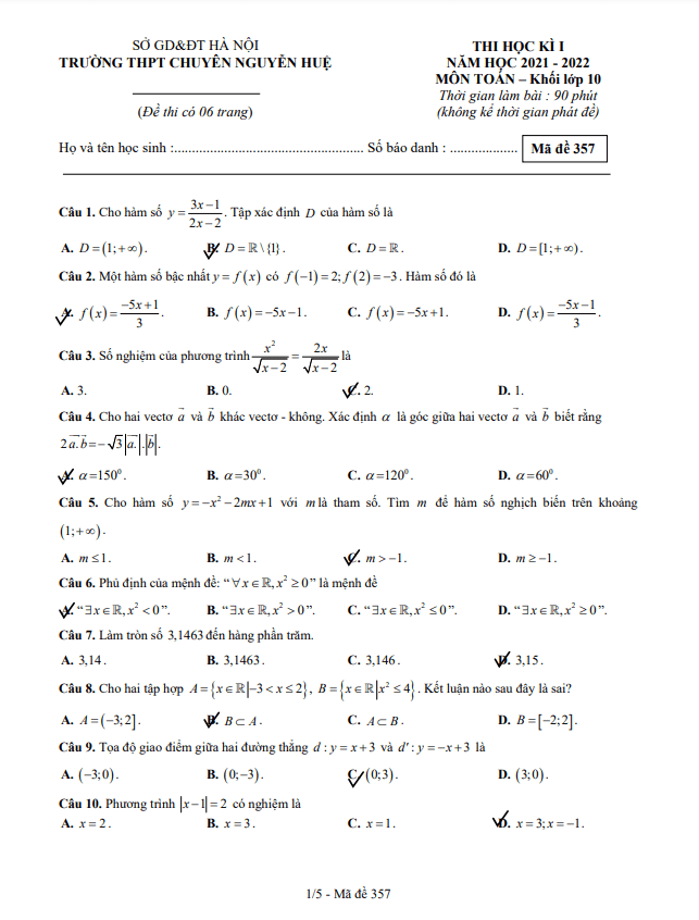 đề thi hk1 toán 10 năm 2021 – 2022 trường thpt chuyên nguyễn huệ – hà nội