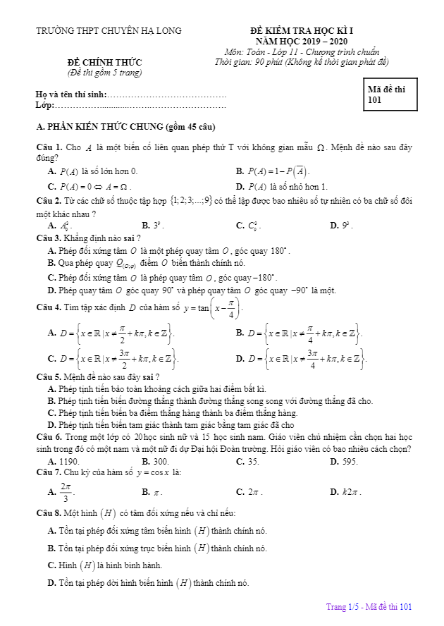 đề thi hk1 toán 11 năm 2019 – 2020 trường chuyên hạ long – quảng ninh