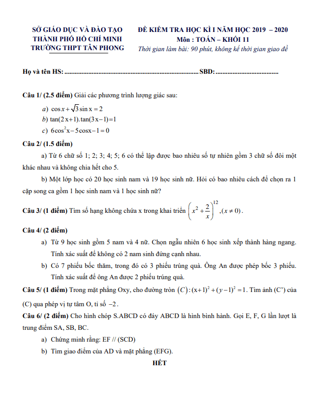 đề thi hk1 toán 11 năm 2019 – 2020 trường thpt tân phong – tp hcm