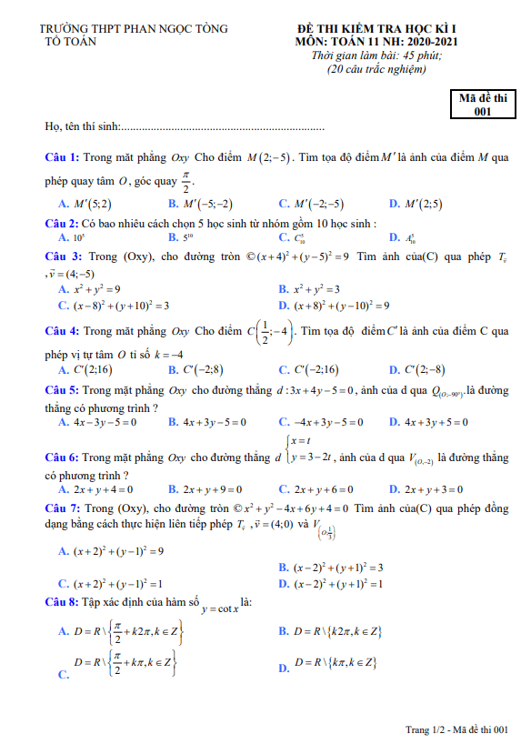 đề thi hk1 toán 11 năm 2020 – 2021 trường thpt phan ngọc tòng – bến tre