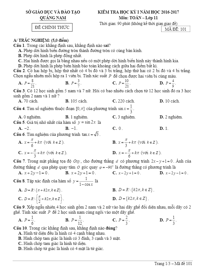 đề thi hk1 toán 11 năm học 2016 – 2017 sở gd và đt quảng nam