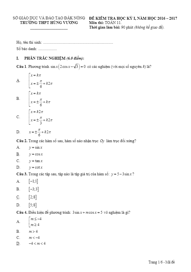đề thi hk1 toán 11 năm học 2016 – 2017 trường thpt hùng vương – đăk nông