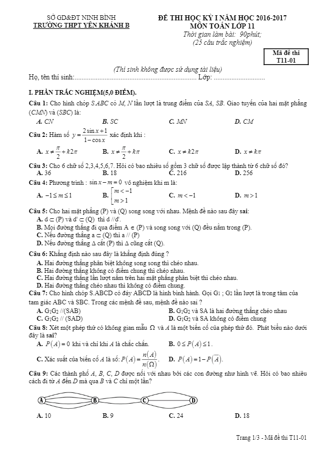 đề thi hk1 toán 11 năm học 2016 – 2017 trường thpt yên khánh b – ninh bình