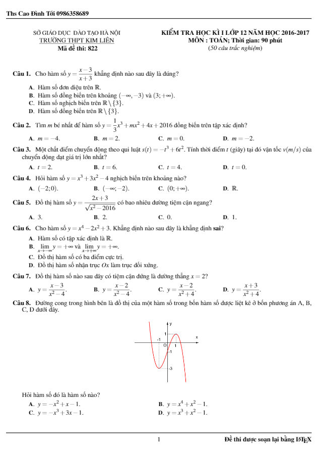 đề thi hk1 toán 12 năm học 2016 – 2017 trường thpt kim liên – hà nội