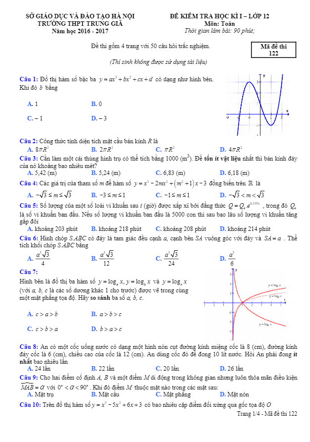 đề thi hk1 toán 12 năm học 2016 – 2017 trường thpt trung giã – hà nội