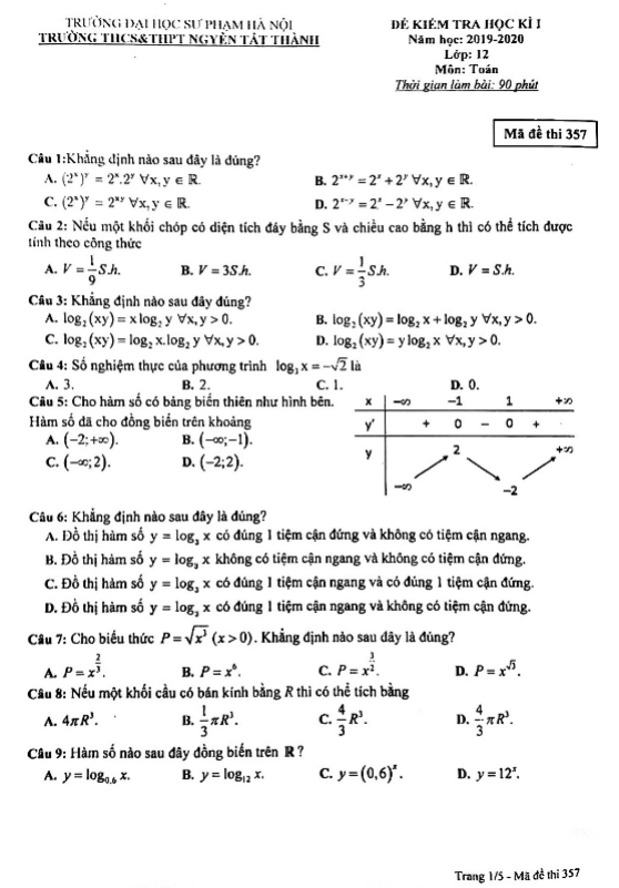 đề thi hk1 toán 12 năm học 2019 – 2020 trường nguyễn tất thành – hà nội