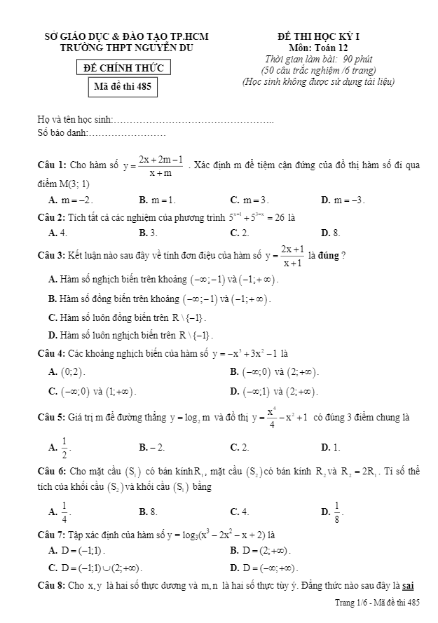 đề thi hk1 toán 12 trường thpt nguyễn du – tp.hcm